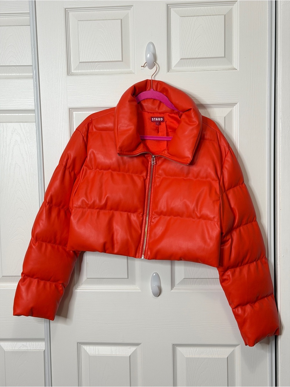 STAUD Orange-Red Cropped Puffer Jacket